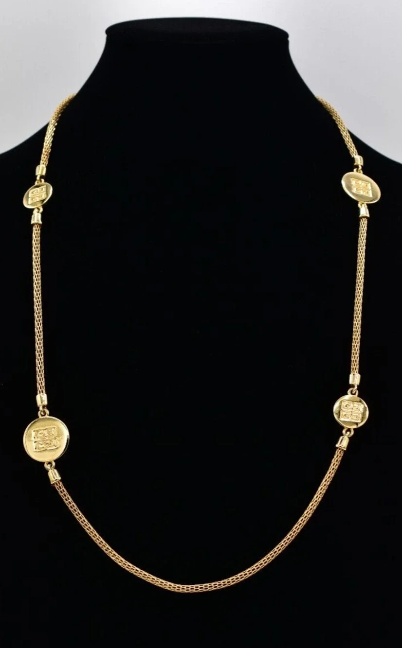 Givenchy Vintage Logo Station Snake Chain Necklace Gold Tone Chunky Signed BinBL